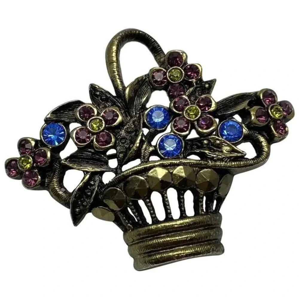Vintage‎ 1928 Jewelry Co Rhinestone Flower Basket Brooch Pin Openwork